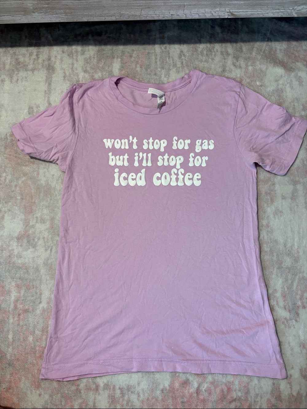 Lilac Graphic Tee "won't stop for gas but i'll stop for iced coffee"